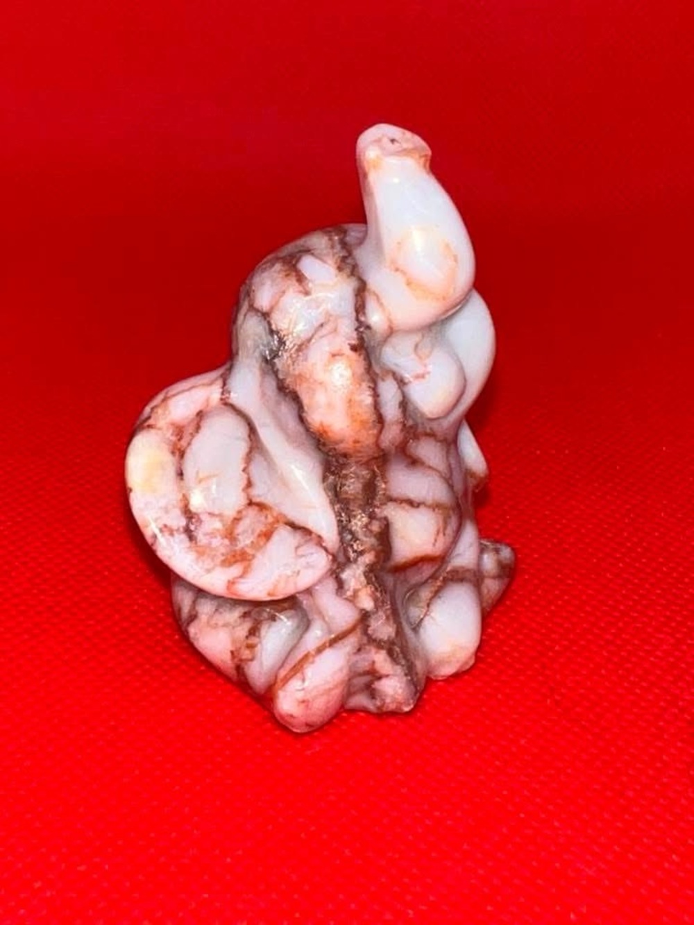 Carved Red Vein Jasper Crystal Elephant Figurine in White and Brown